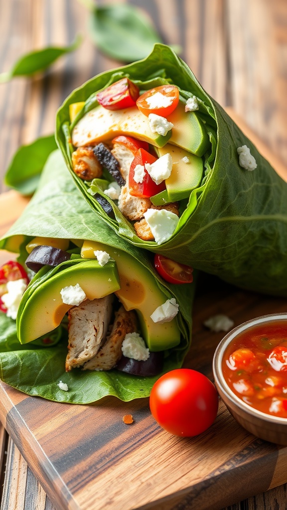 A healthy spinach wrap filled with chicken, vegetables, and avocado, cut in half, served with salsa and cherry tomatoes.